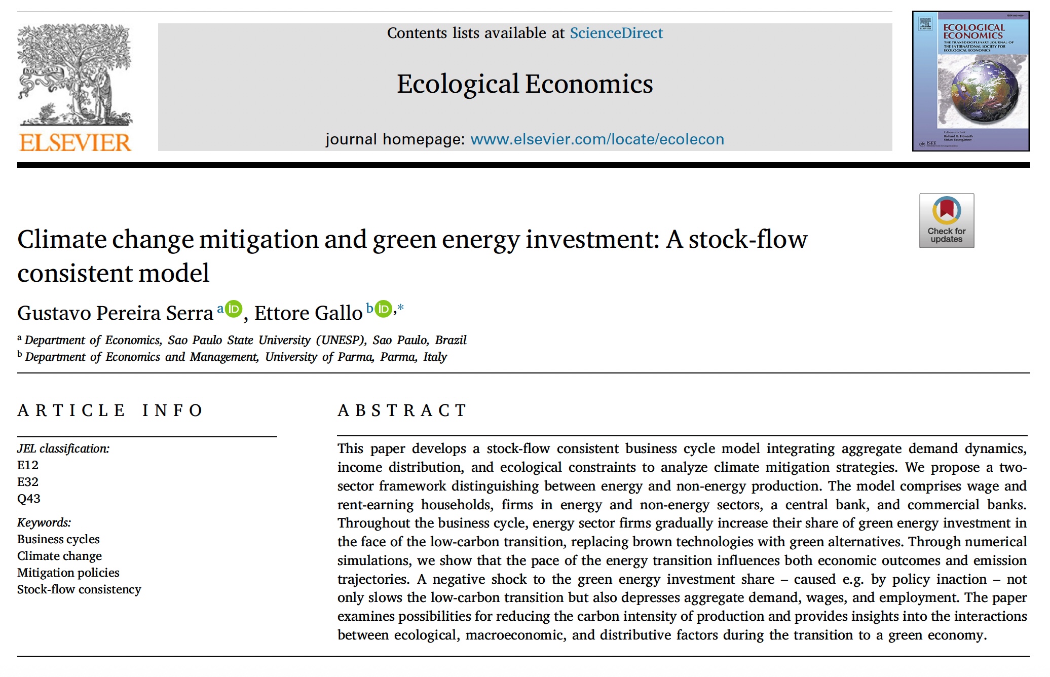 New Publication in Ecological Economics - Climate change mitigation and green energy investment: A stock-flow consistent model