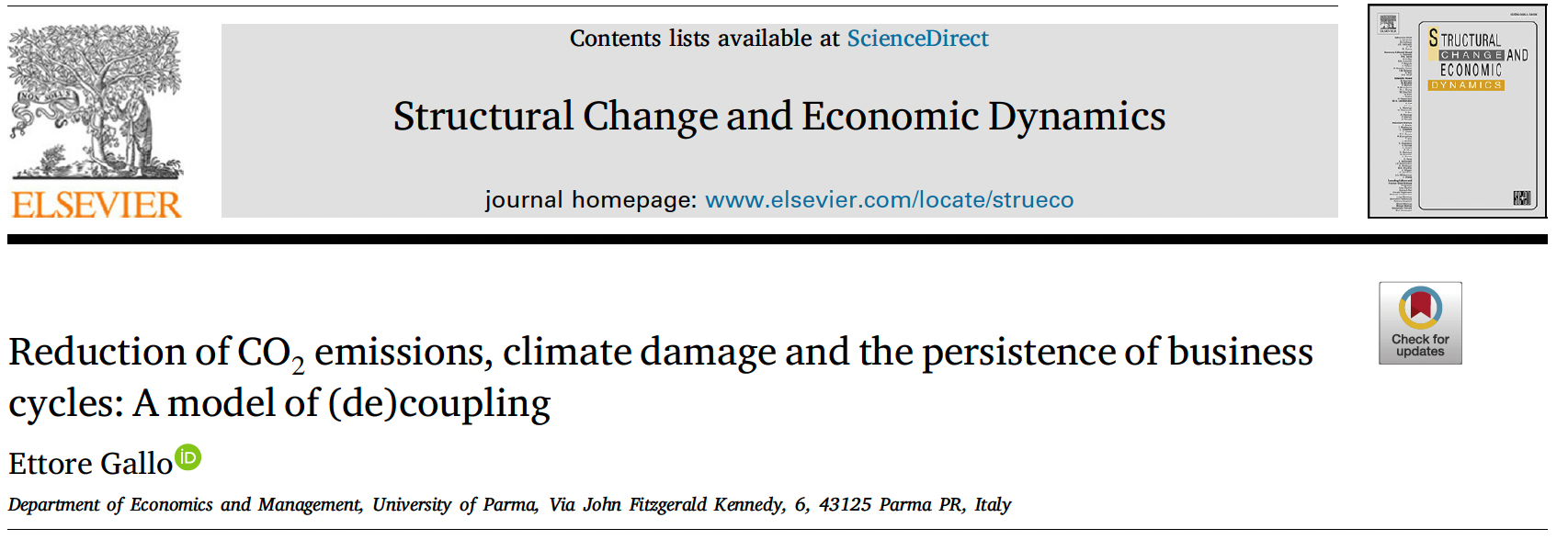 New Publication in Structural Change and Economic Dynamics - Reduction of CO2 emissions, climate damage and the persistence of business cycles: A model of (de)coupling